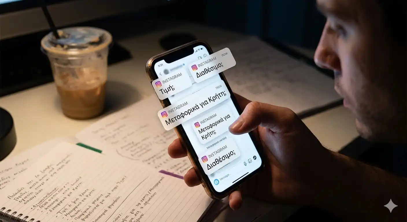 Ένα smartphone τη νύχτα που δείχνει πολλές χαοτικές ειδοποιήσεις Instagram DM στα ελληνικά που ρωτούν για τιμή και αποστολή.