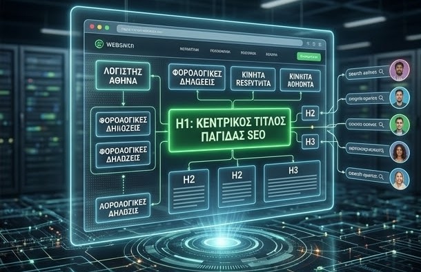 Ρομποτικό ψηφιακό μάτι που σκανάρει τον κώδικα μιας ιστοσελίδας, αναζητώντας σωστά H1 tags και τεχνικό SEO.