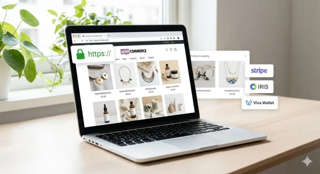 Μια φωτεινή φωτογραφία ενός ανοιχτού laptop που δείχνει μια επαγγελματική ιστοσελίδα ηλεκτρονικού εμπορίου με ένα ασφαλές λουκέτο και επιλογές πληρωμής όπως Stripe και IRIS.