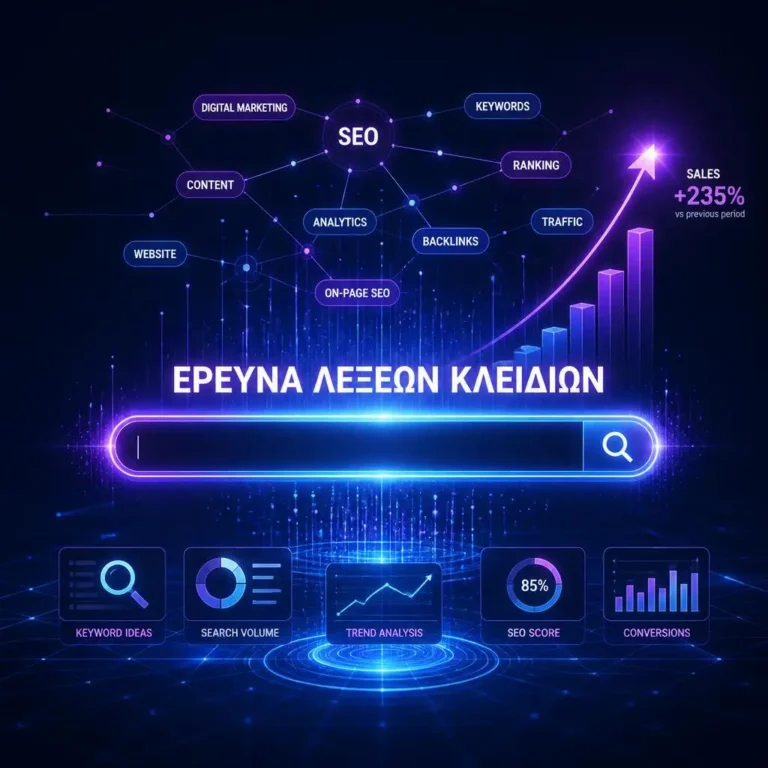 Ψηφιακό γράφημα που δείχνει πώς η σωστή έρευνα λέξεων κλειδιών αυξάνει την οργανική επισκεψιμότητα και τις πωλήσεις μιας ιστοσελίδας.