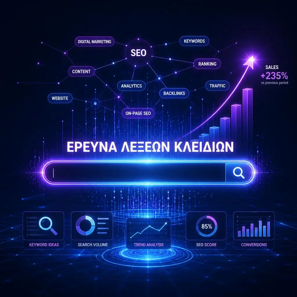 Ψηφιακό γράφημα που δείχνει πώς η σωστή έρευνα λέξεων κλειδιών αυξάνει την οργανική επισκεψιμότητα και τις πωλήσεις μιας ιστοσελίδας.