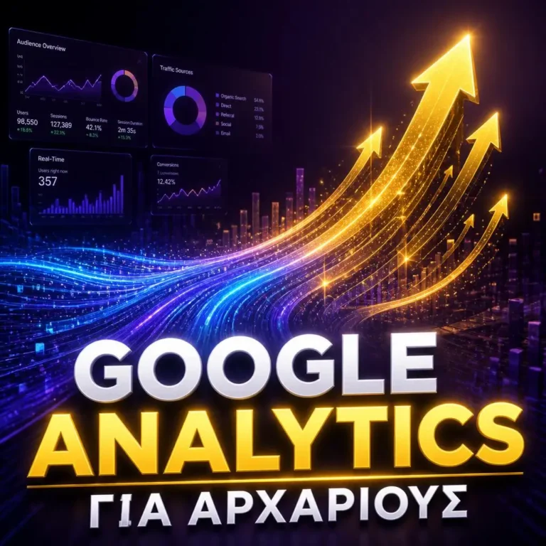 Οθόνη με στατιστικά δεδομένα και γραφήματα ανάπτυξης, που εξηγεί το Google Analytics για αρχάριους και πώς η ανάλυση δεδομένων αυξάνει τις πωλήσεις.
