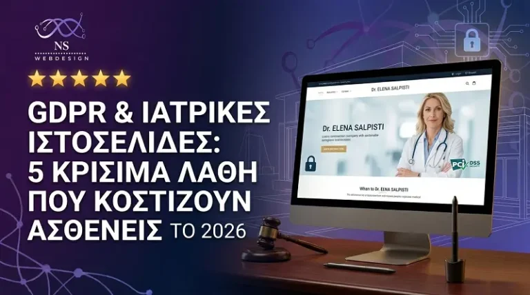 Premium featured image για το άρθρο σχετικά με GDPR και ιατρικές ιστοσελίδες, δείχνοντας το λογότυπο της NS Web Design και έναν γιατρό σε σύγχρονο περιβάλλον γραφείου.