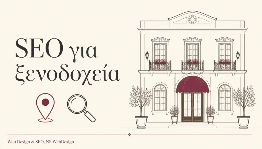 Πρόσοψη ξενοδοχείου με εικονίδιο αναζήτησης Google, SEO για ξενοδοχεία