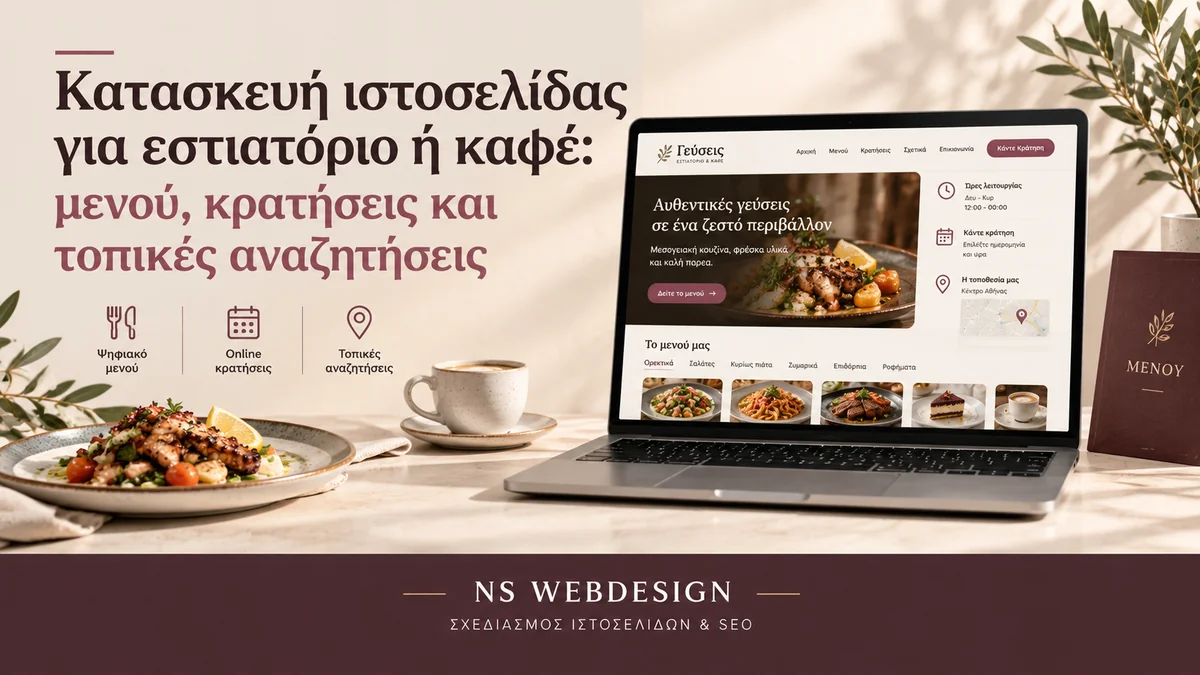 Ιστοσελίδα εστιατορίου με ψηφιακό μενού, φωτογραφίες φαγητών, online κρατήσεις και τοπικές αναζητήσεις.
