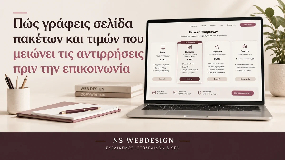 Κείμενα σελίδας τιμών για πακέτα υπηρεσιών με σαφείς διαφορές, παροχές και κουμπιά επικοινωνίας